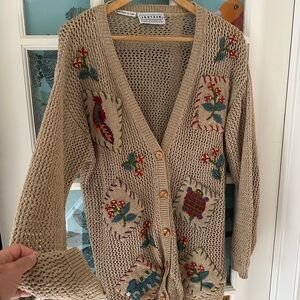 Jantzen Beige Cardigan with Colorful Hand Embroidered patterns